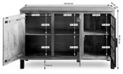 Frontale Ansicht des Sideboards KALI mit offenen Türen, zeigt Innenfächer und Maße.