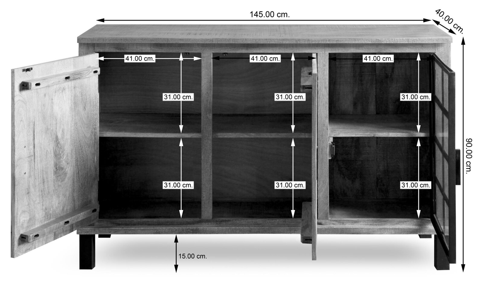 Vooraanzicht van het dressoir KALI met open deuren, met weergave van de binnenvakken en afmetingen.