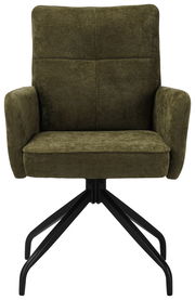 Grüner Schwingstuhl mit Armlehnen und schwarzem Metallgestell, Frontalansicht