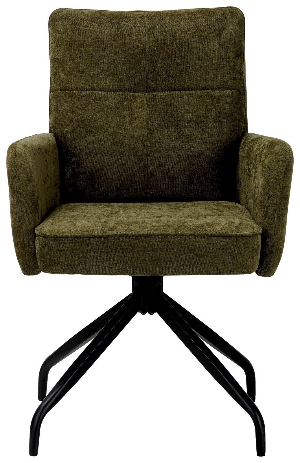 Grüner Schwingstuhl mit Armlehnen und schwarzem Metallgestell, Frontalansicht