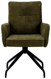 Grüner Schwingstuhl mit Armlehnen und schwarzem Metallgestell, Frontalansicht