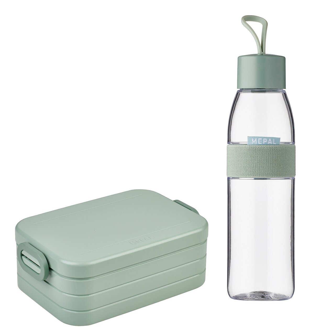 Mepal Lunchset Nordic Sage ELLIPSE Lunchset Nordic Sage von Mepal, bestehend aus einer grünen Brotdose und einer transparenten Trinkflasche mit grünem Deckel, seitliche Perspektive.