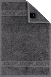 Dunkelgraues JOOP! Frottierhandtuch mit eingewebtem Logo-Bordürenstreifen und Markenlabel, frontal von oben fotografiert