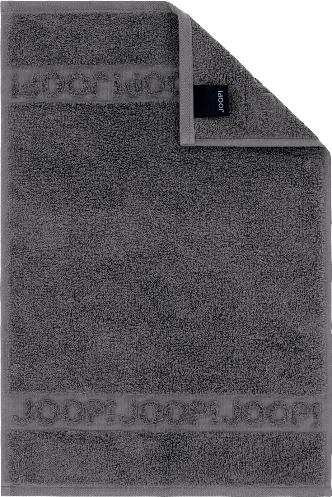 Dunkelgraues JOOP! Frottierhandtuch mit eingewebtem Logo-Bordürenstreifen und Markenlabel, frontal von oben fotografiert