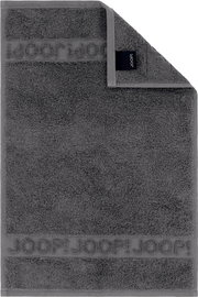 Dunkelgraues JOOP! Frottierhandtuch mit eingewebtem Logo-Bordürenstreifen und Markenlabel, frontal von oben fotografiert