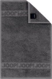 Dunkelgraues JOOP! Frottierhandtuch mit eingewebtem Logo-Bordürenstreifen und Markenlabel, frontal von oben fotografiert