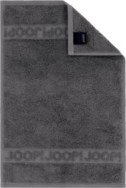 Dunkelgraues JOOP! Frottierhandtuch mit eingewebtem Logo-Bordürenstreifen und Markenlabel, frontal von oben fotografiert