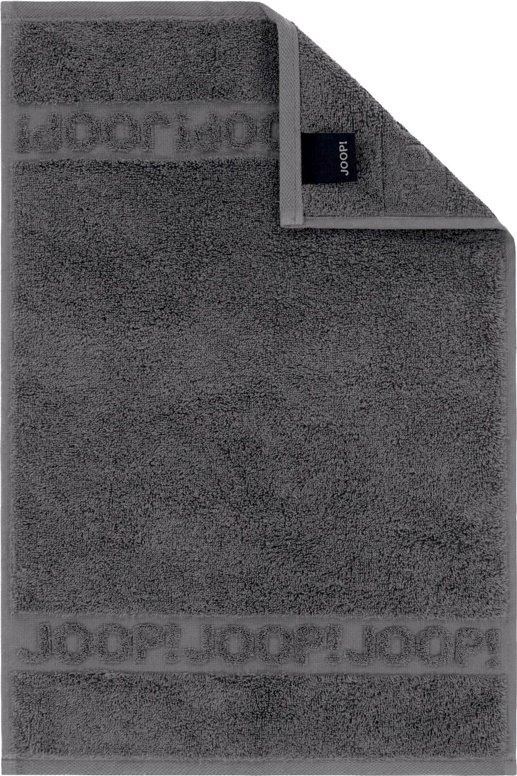 Dunkelgraues JOOP! Frottierhandtuch mit eingewebtem Logo-Bordürenstreifen und Markenlabel, frontal von oben fotografiert
