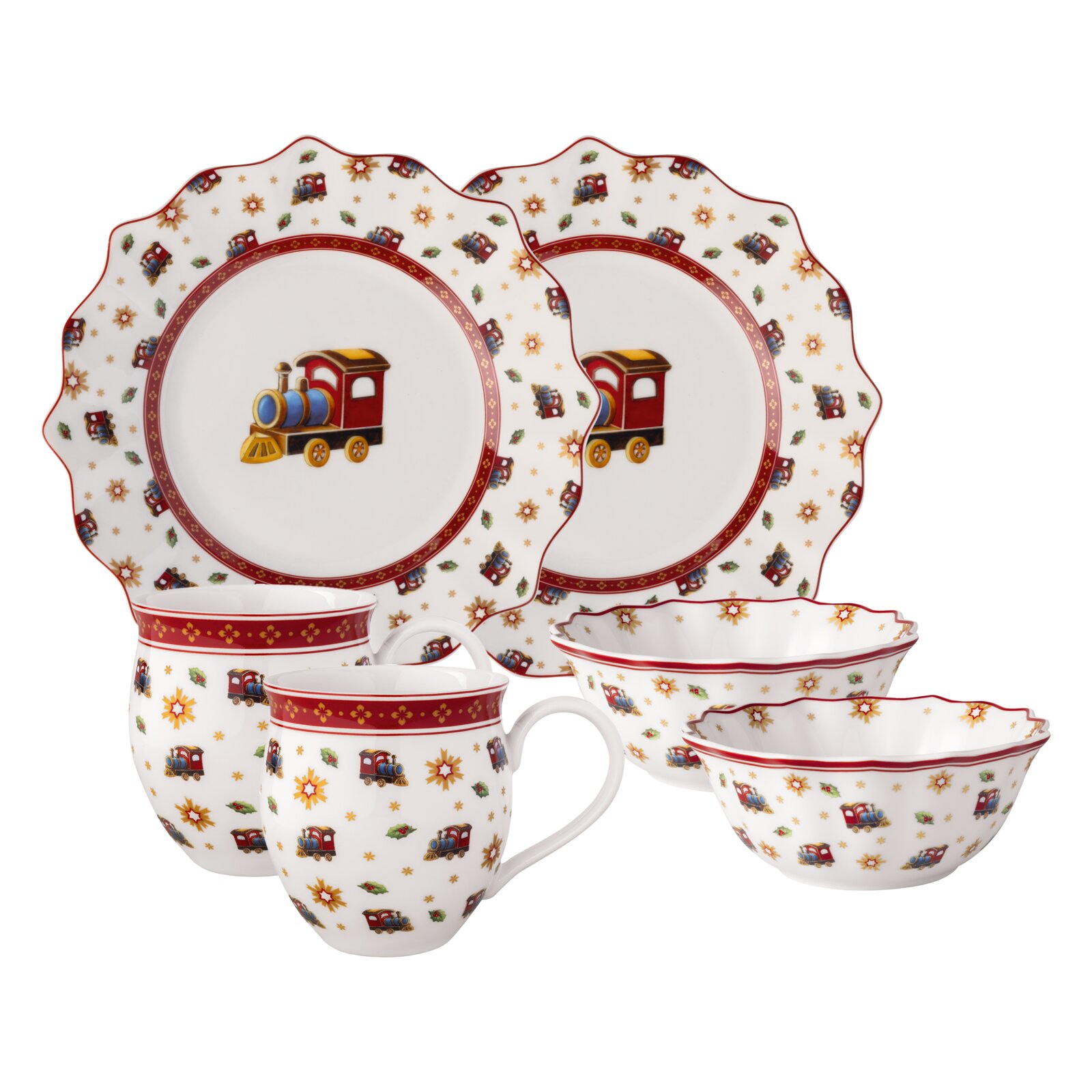 Villeroy & Boch Frühstücksset 6tlg. Frühstücksset mit Lokomotiv-Motiv, bestehend aus zwei Tellern, zwei Tassen und zwei Schalen, aus seitlicher Perspektive fotografiert.