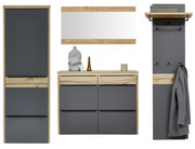 Moderne Garderobenmöbel in Anthrazit und Eiche-Optik mit Hochschrank, Kommode, Spiegel und Wandpaneel mit Ablage und Haken, Frontansicht