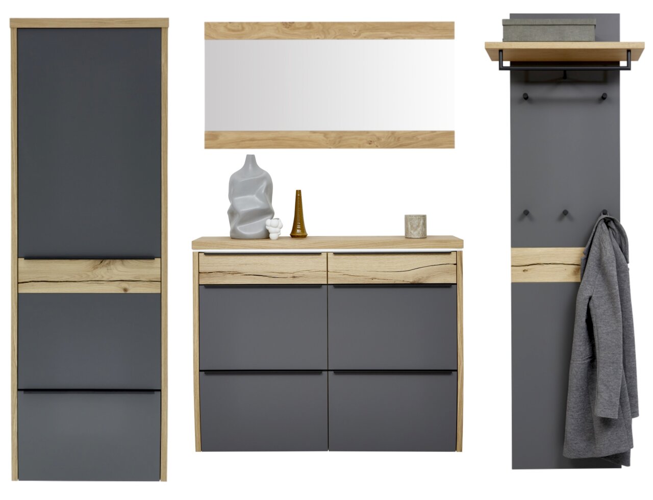 Dieter Knoll Garderoben-Set 4-tlg. ARCO TREND Moderne Garderobenmöbel in Anthrazit und Eiche-Optik mit Hochschrank, Kommode, Spiegel und Wandpaneel mit Ablage und Haken, Frontansicht