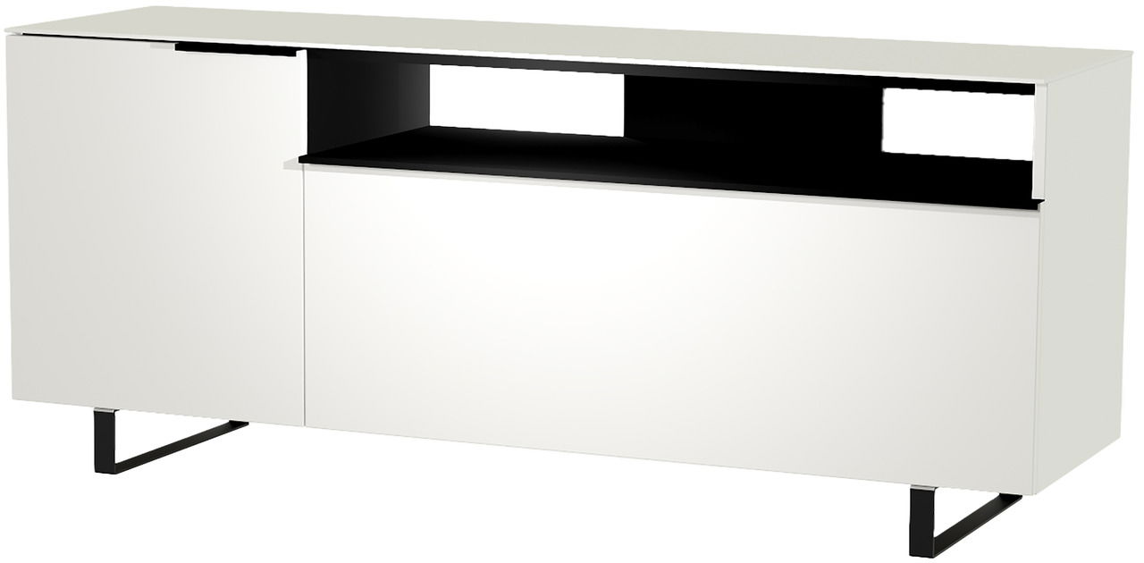 Modernes weißes TV-Lowboard mit schwarzem offenen Fach und Metallbeinen, seitliche Perspektive