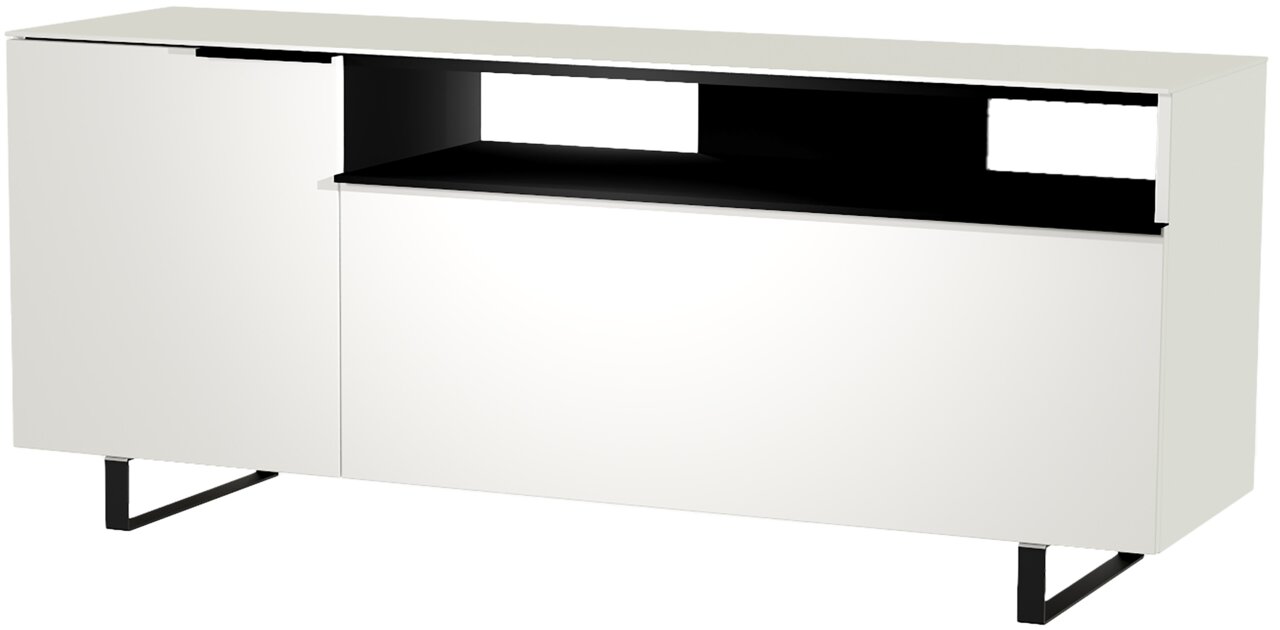 Modernes weißes TV-Lowboard mit schwarzem offenen Fach und Metallbeinen, seitliche Perspektive