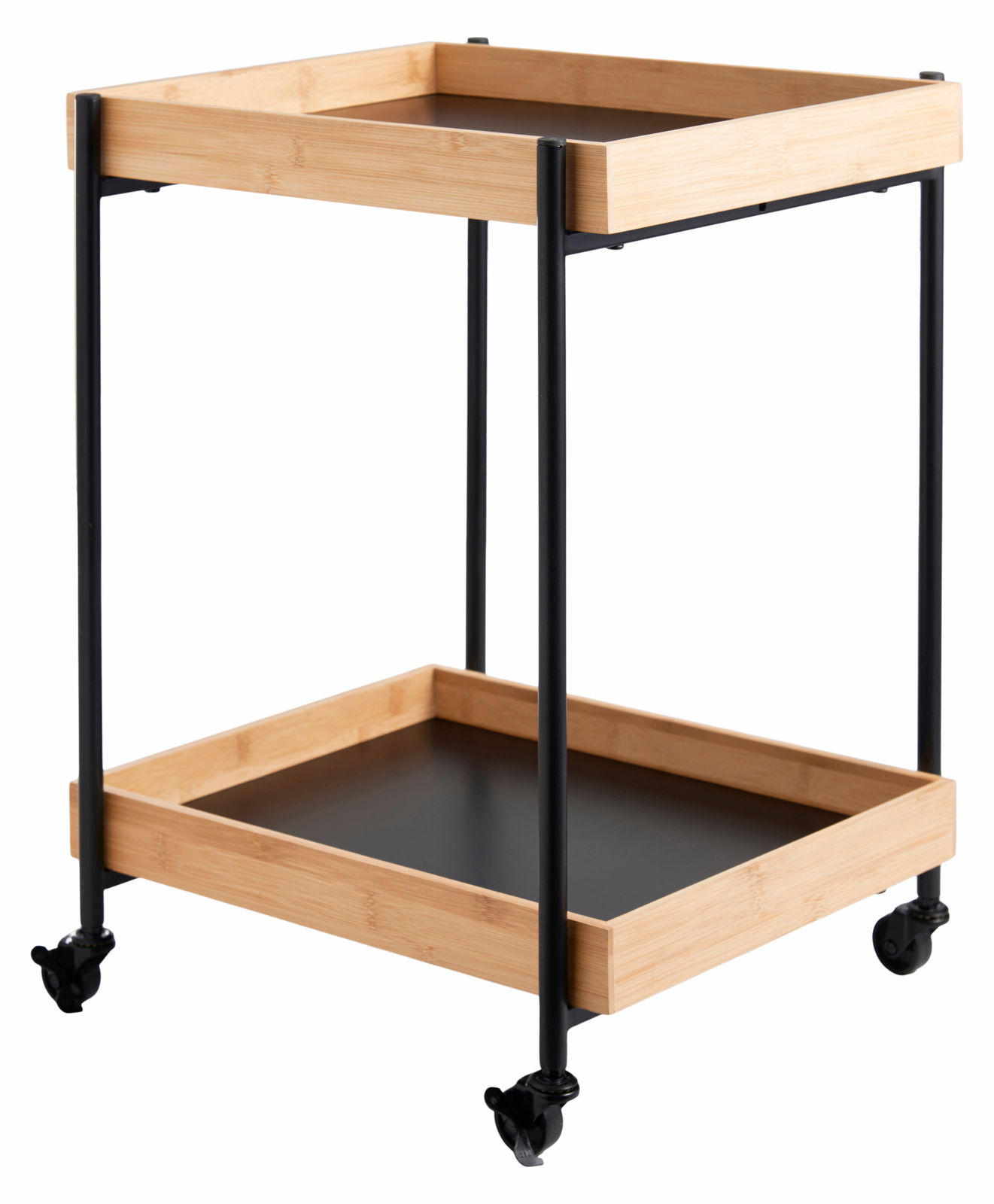 Moderner Servierwagen mit zwei Ablagen aus Holz und Metall, auf Rollen, seitliche Perspektive