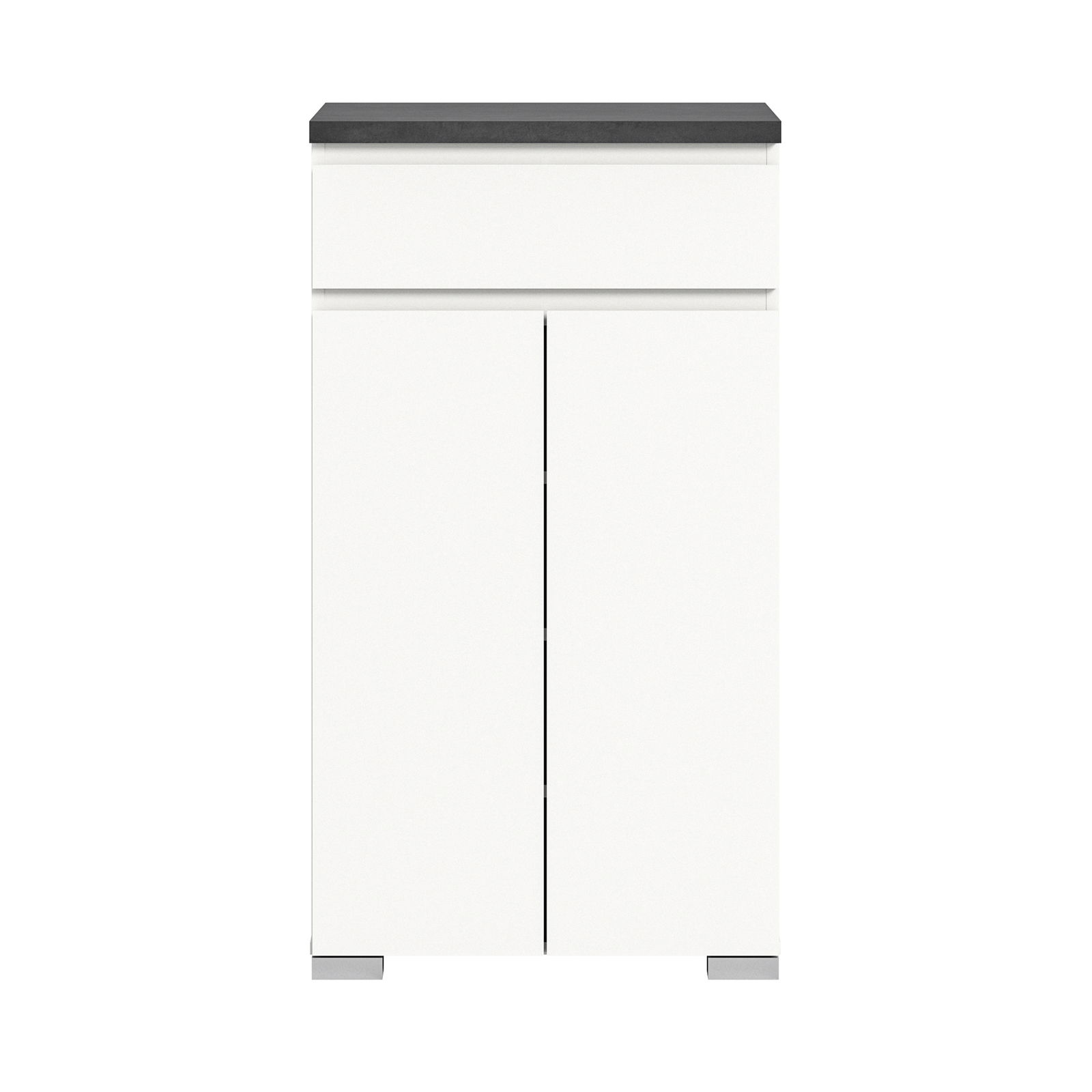 Moderner weißer Schuhschrank mit dunkler Oberseite, Frontalansicht