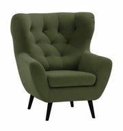 Groene fauteuil met gestoffeerde rugleuning en zwarte poten, vooraanzicht