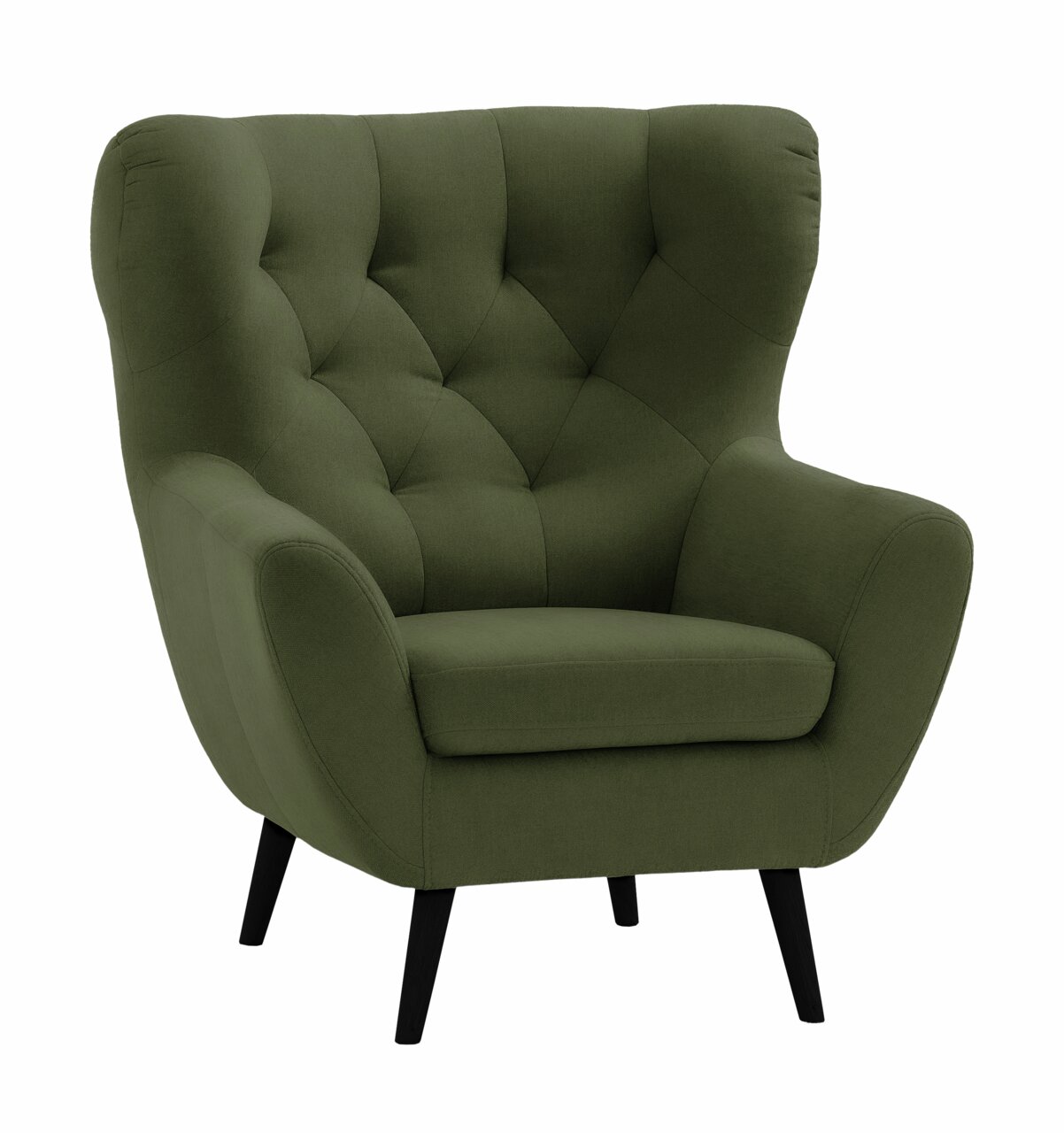 Groene fauteuil met gestoffeerde rugleuning en zwarte poten, vooraanzicht