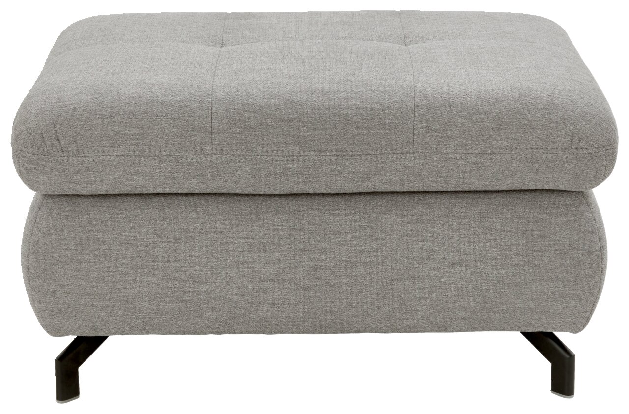 Grauer XL Hocker mit gepolsterter Oberfläche und schwarzen Metallbeinen, Frontalansicht.