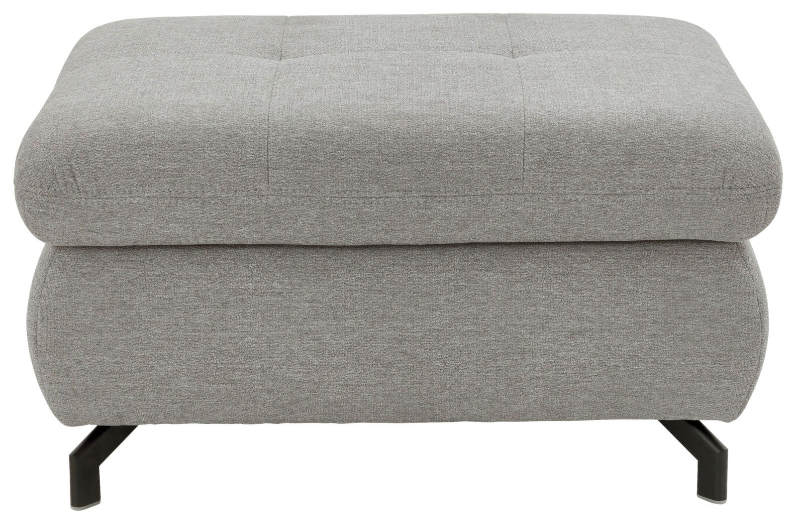 Grauer XL Hocker mit gepolsterter Oberfläche und schwarzen Metallbeinen, Frontalansicht.