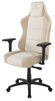 Beiger Gaming Stuhl mit ergonomischem Design und verstellbaren Armlehnen, seitliche Perspektive