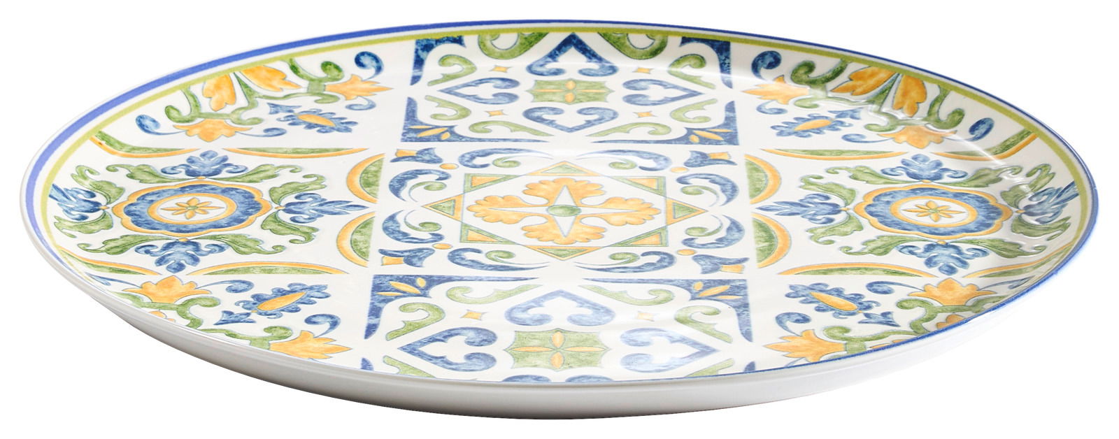 Pizzateller mit buntem, floralen Muster aus der Seitenperspektive