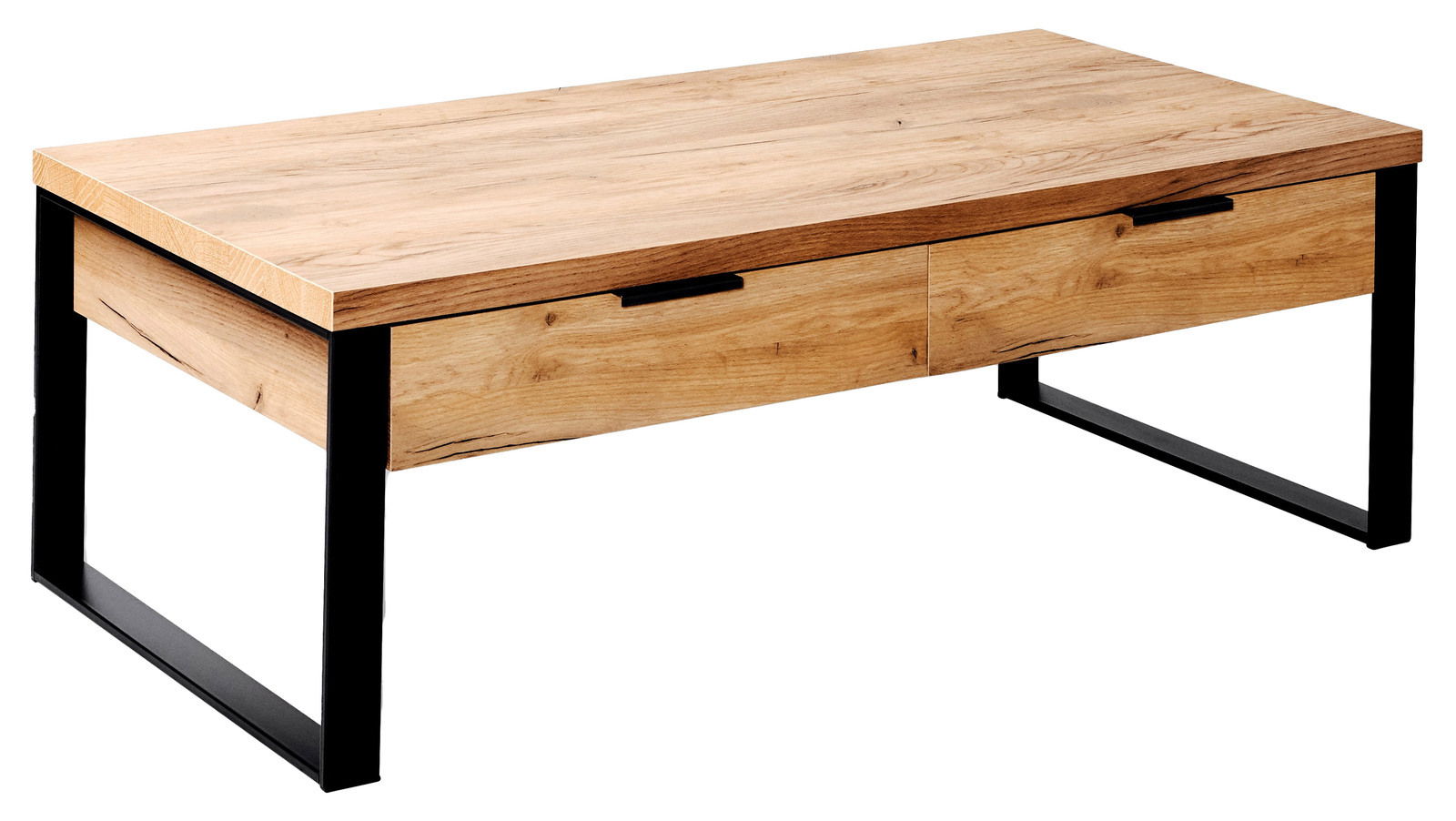 Moderner Couchtisch aus Holz mit schwarzem Metallgestell, seitliche Perspektive