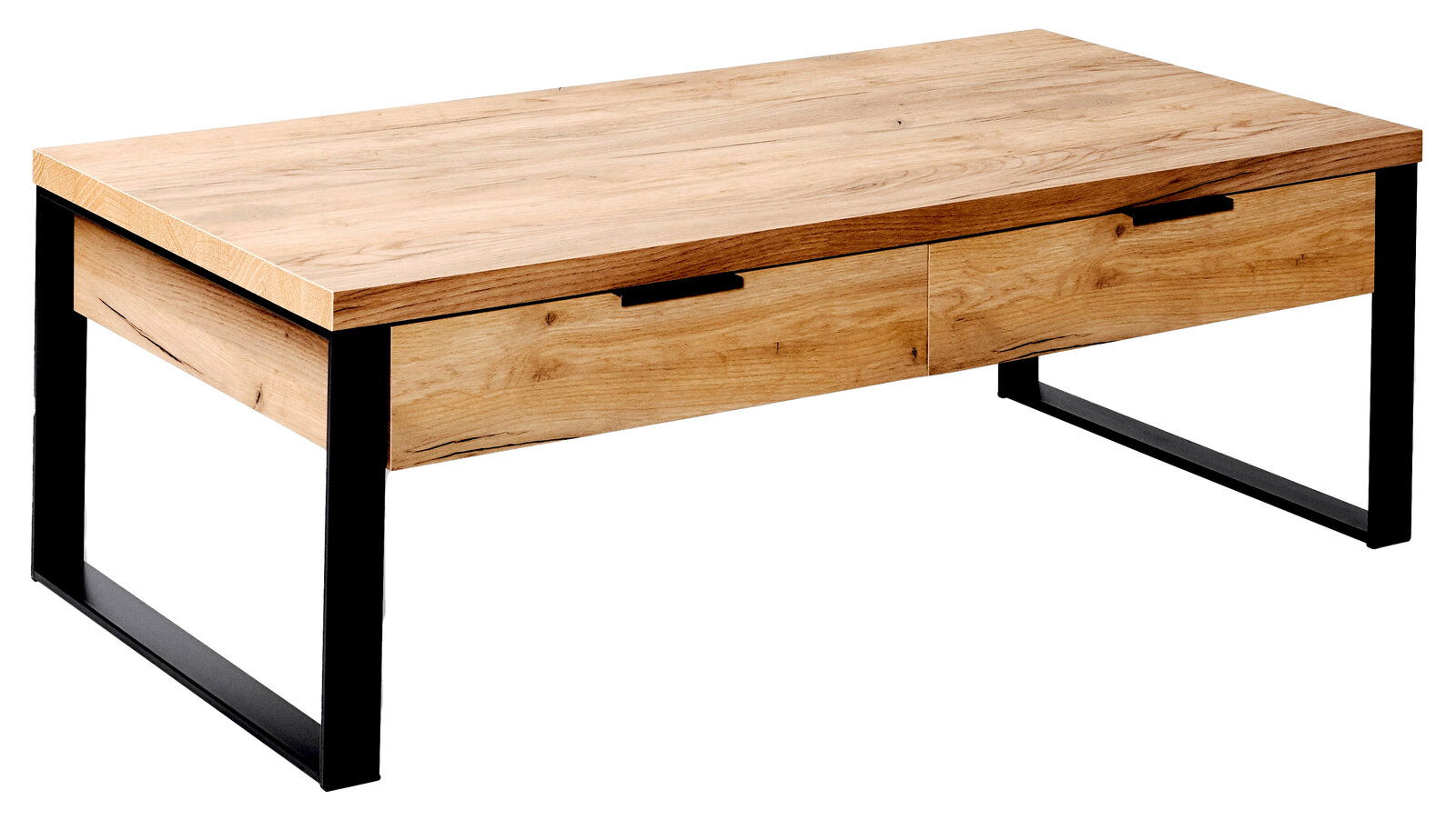 Jahnke Couchtisch LOOP Moderner Couchtisch aus Holz mit schwarzem Metallgestell, seitliche Perspektive