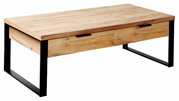 Moderne houten salontafel met zwart metalen onderstel, zijaanzicht