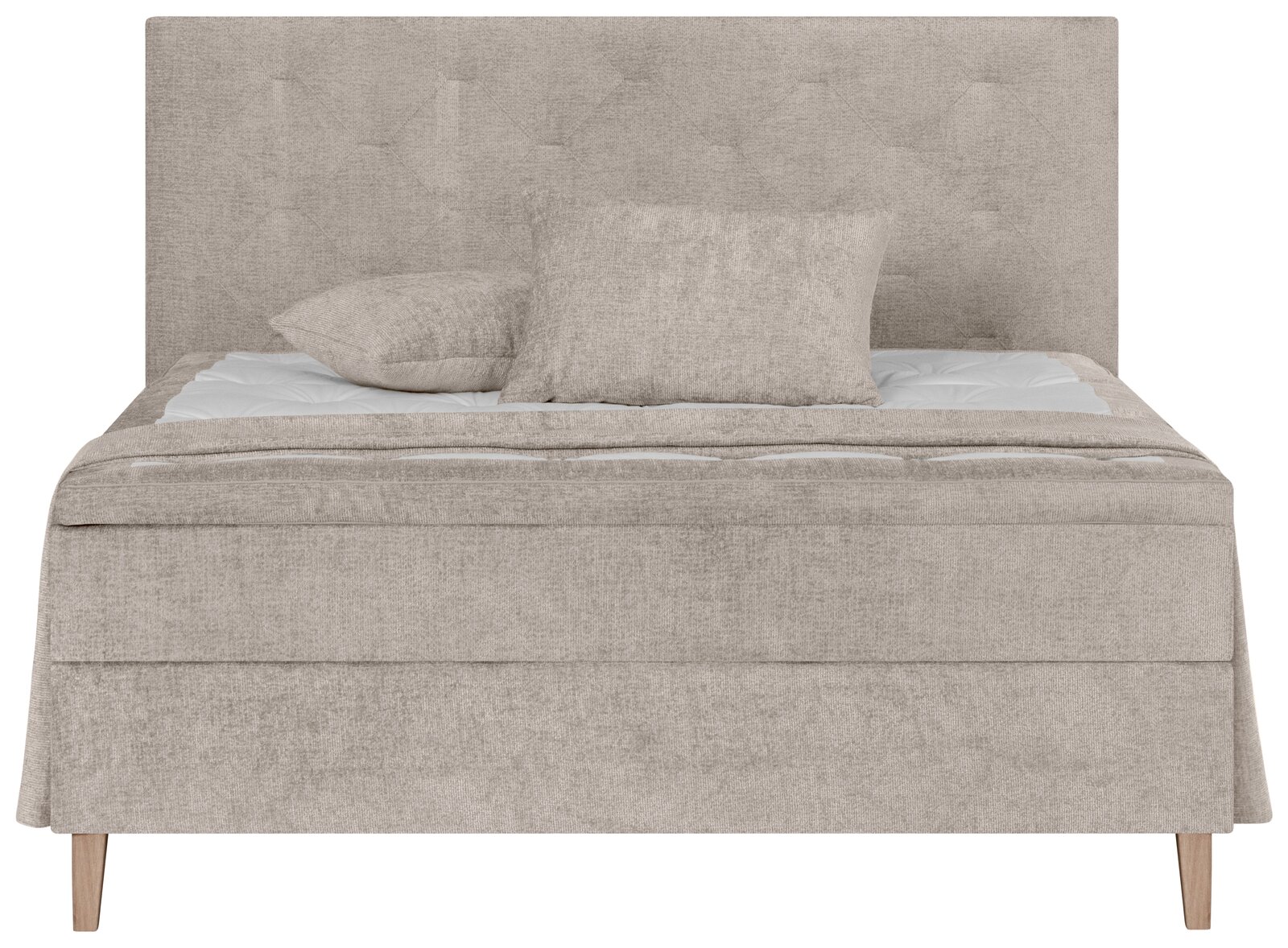 Frontale Ansicht eines beigen Boxspringbetts mit Kopfteil und zwei Kissen.