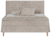 Frontale Ansicht eines beigen Boxspringbetts mit Kopfteil und zwei Kissen.