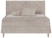 Frontale Ansicht eines beigen Boxspringbetts mit Kopfteil und zwei Kissen.