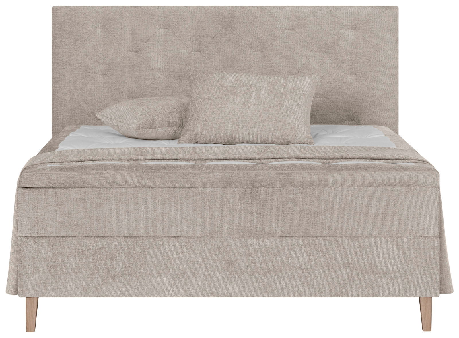 Frontale Ansicht eines beigen Boxspringbetts mit Kopfteil und zwei Kissen.