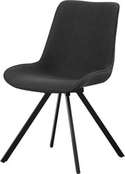 Moderner Polsterstuhl in Dunkelgrau mit schwarzem Vierfuß-Metallgestell, seitliche Vorderansicht auf weißem Hintergrund