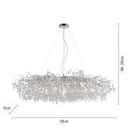 Moderner Kronleuchter RICICLE mit funkelnden Kristallen, seitliche Perspektive, Maße: 150 cm Breite, 70 cm Tiefe, 100-250 cm Höhe.