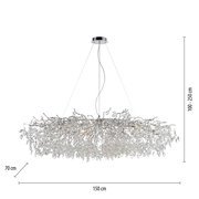 Moderner Kronleuchter RICICLE mit funkelnden Kristallen, seitliche Perspektive, Maße: 150 cm Breite, 70 cm Tiefe, 100-250 cm Höhe.