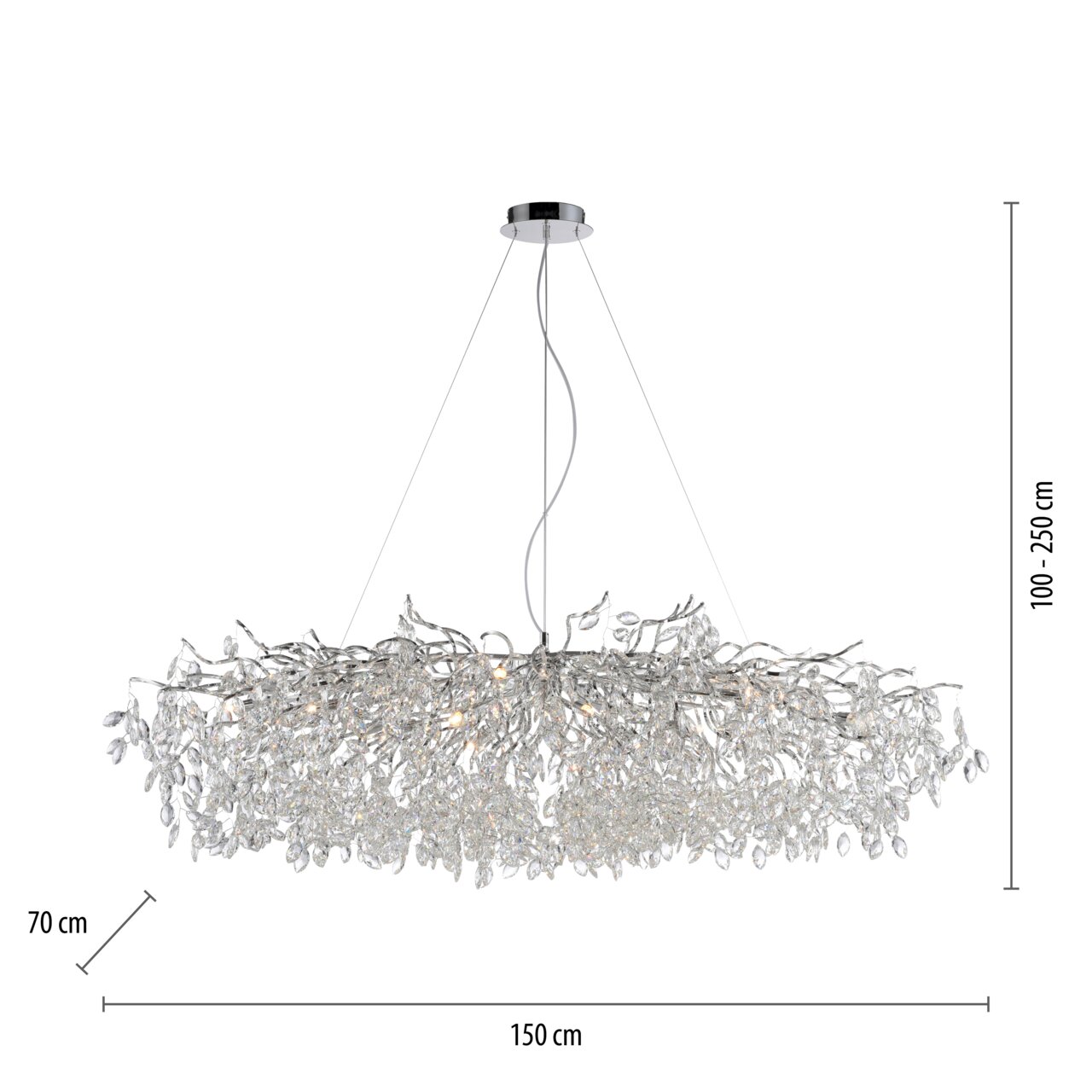 Moderne kroonluchter RICICLE met schitterende kristallen, zijaanzicht, afmetingen: 150 cm breed, 70 cm diep, 100-250 cm hoog.