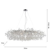 Moderne kroonluchter RICICLE met schitterende kristallen, zijaanzicht, afmetingen: 150 cm breed, 70 cm diep, 100-250 cm hoog.