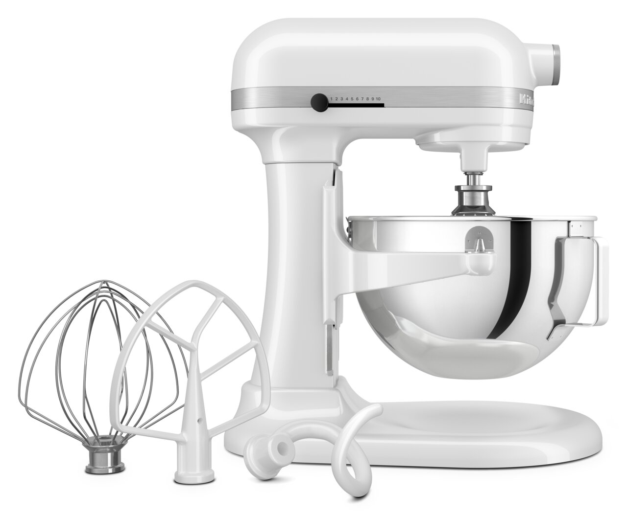KitchenAid Küchenmaschine 5,2L HEAVY DUTY 5KSM55SXXEWH Weiße Küchenmaschine mit Rührschüssel und drei Aufsätzen, seitliche Perspektive