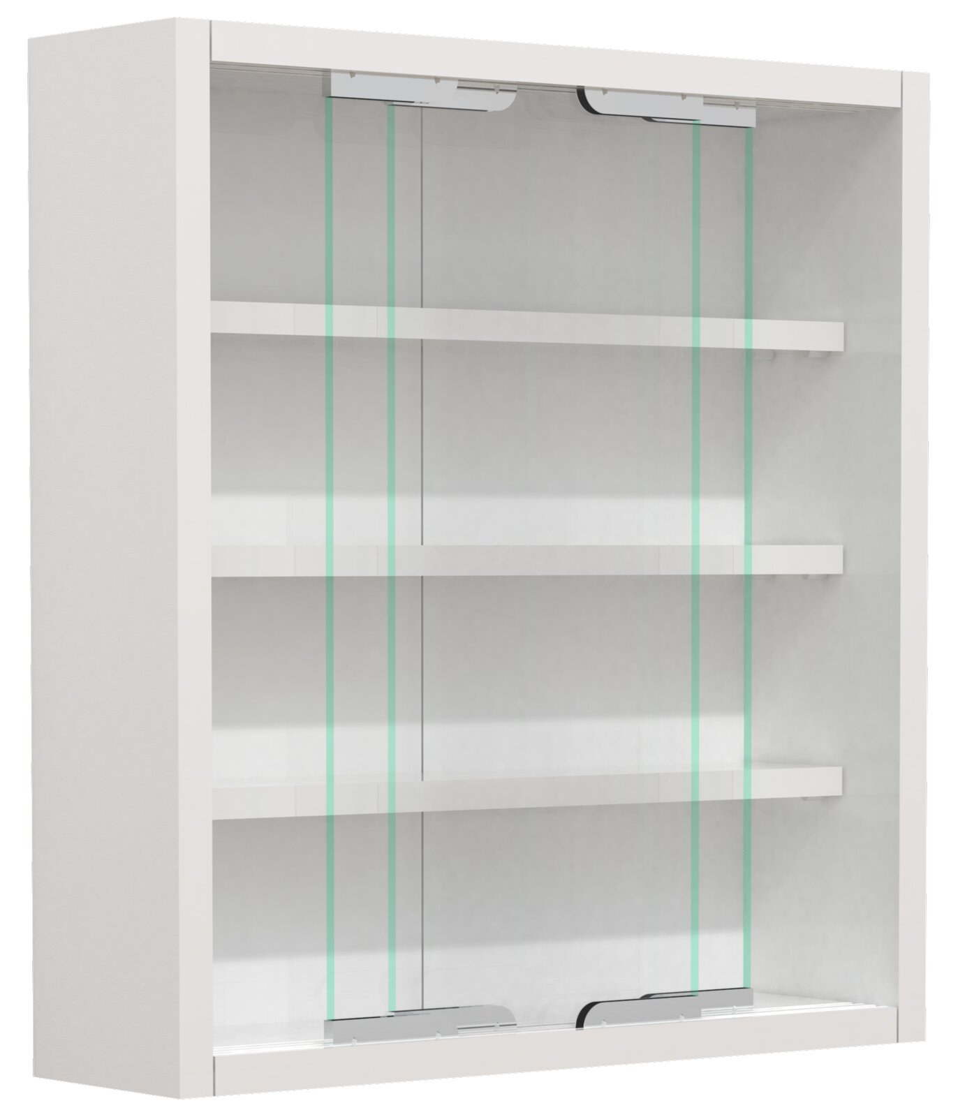 Weißer Hängeschrank/Medizinschrank mit zwei Schiebetüren aus Glas und drei Ablageböden, Ansicht leicht von vorn links.