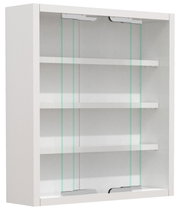 Weißer Hängeschrank/Medizinschrank mit zwei Schiebetüren aus Glas und drei Ablageböden, Ansicht leicht von vorn links.