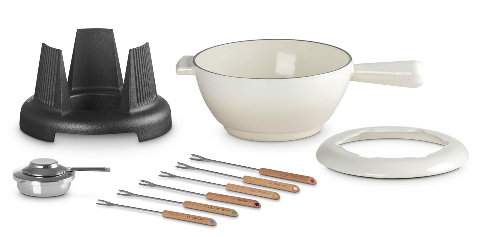 Fondue-Set Meringue mit Topf, Brenner, Gabeln und Ständer, aus der Vogelperspektive fotografiert.