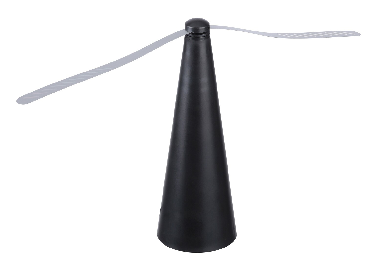 Schwarzer Fliegenwedler mit konischer Basis und zwei rotierenden Flügeln, Ansicht von oben