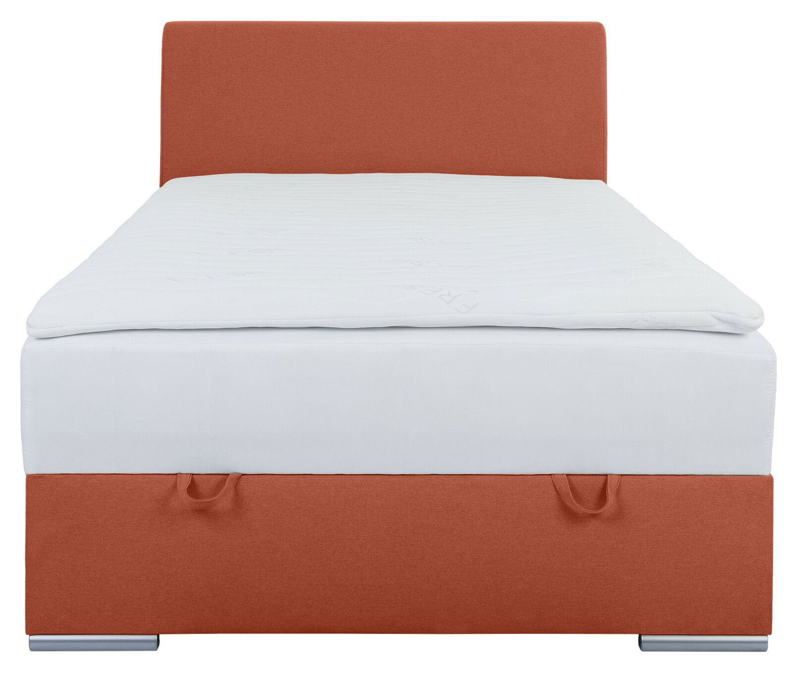 Boxbett 120 in Frontalansicht mit orangefarbenem Kopfteil und weißer Matratze
