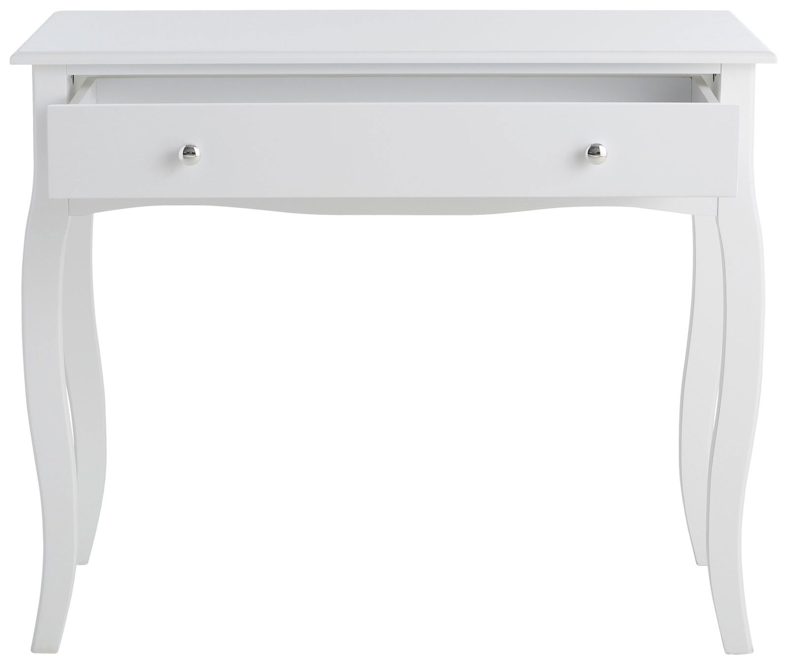 Weißer Konsolentisch mit geschwungenen Beinen und offener Schublade, Frontalansicht