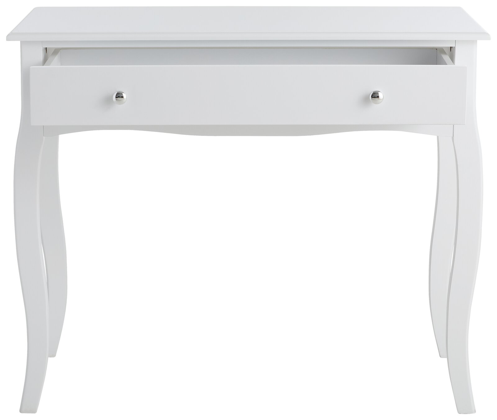 Weißer Konsolentisch mit geschwungenen Beinen und offener Schublade, Frontalansicht