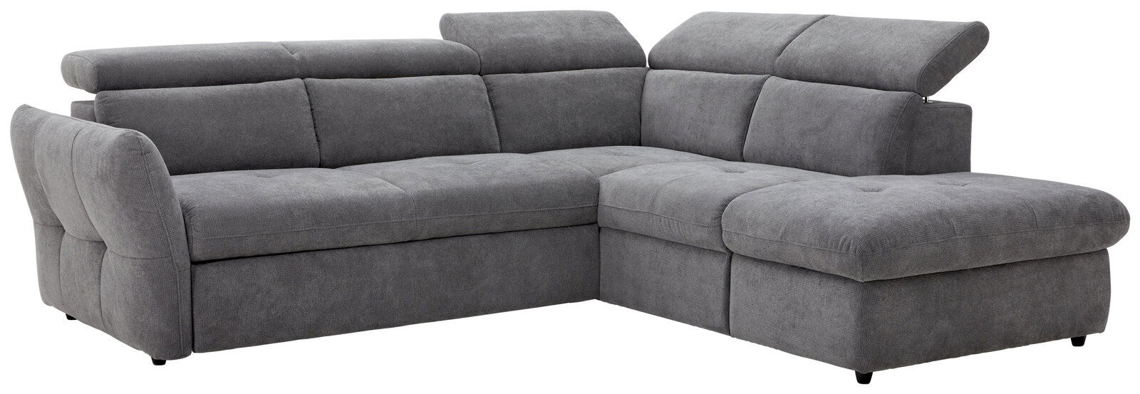 Graues Polsterecksofa MONSERAT mit verstellbaren Kopfstützen, seitliche Perspektive.