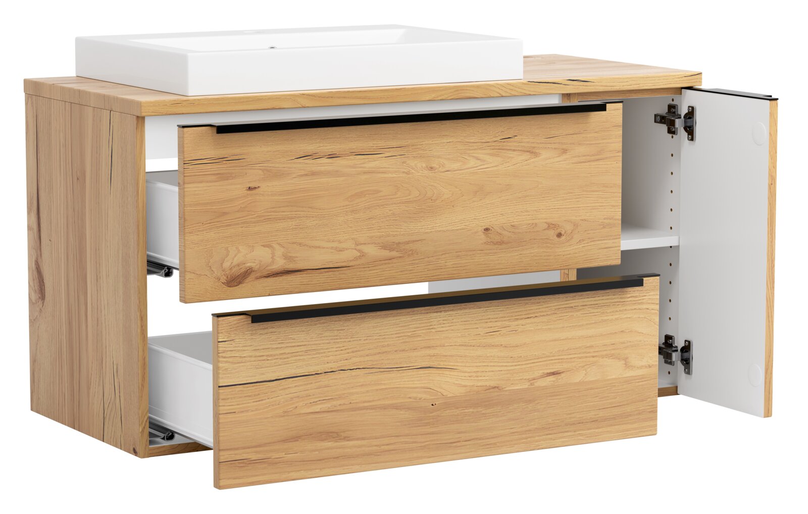Badezimmer-Waschtischunterschrank aus Holz mit weißem Aufsatzwaschbecken, zwei Auszügen und offener rechter Tür, Ansicht schräg von vorn rechts
