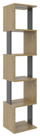 Schmales Regal XORA ARTLINE in Holzoptik mit grauen vertikalen Elementen, seitliche Perspektive