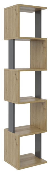 Schmales Regal XORA ARTLINE in Holzoptik mit grauen vertikalen Elementen, seitliche Perspektive