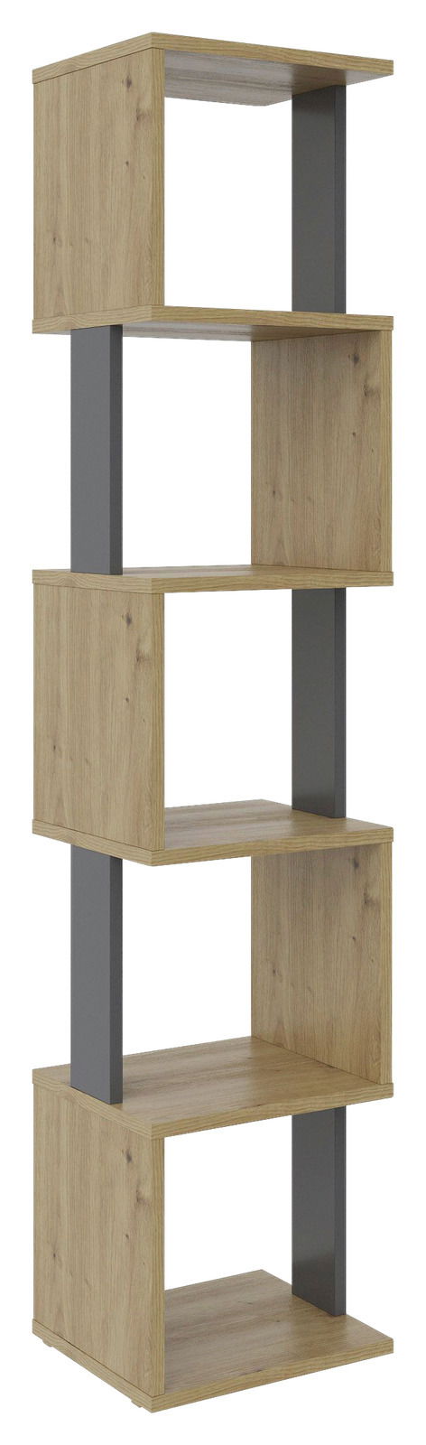 Schmales Regal XORA ARTLINE in Holzoptik mit grauen vertikalen Elementen, seitliche Perspektive